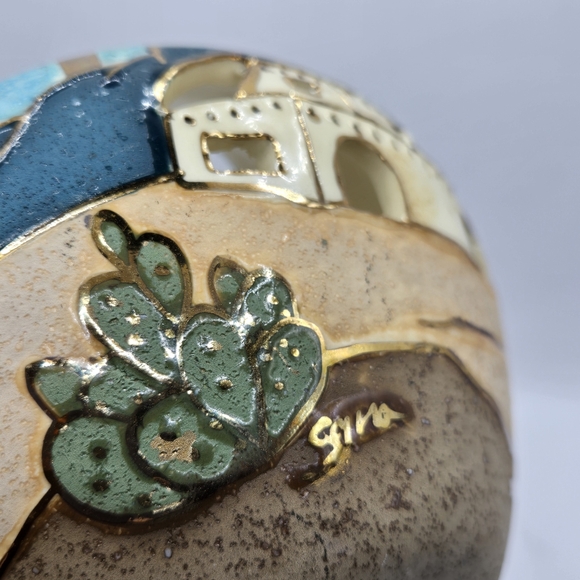 Gina Arrighette Southwestern Pueblo cactus Desert Art Pottery Gold Gilt Vase 22k - Picture 6 of 16